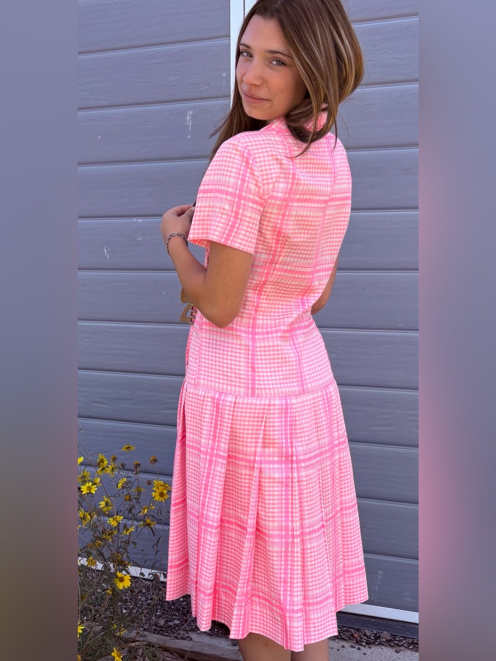 Vintage Pink Plaid Short-Sleeve Midi Dress - Women's
